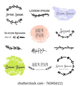 Hand drawn logo templates in bohemian style. Vector boho frames, branches, flowers, wreaths, brushstroke for logo, invitations (save the date), label, wedding in tribal style. Hand made illustration