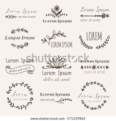 Hand drawn logo templates in bohemian style set. Vector boho frames, border, feathers, branches, flowers, wreaths for logo, invitations (save date), wedding in tribal style. Hand made illustration
