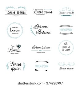 Hand drawn logo templates collection. Whimsical floral logo, rustic logo. Photography logo set. Wedding logo. Premade logo. Vector illustration.