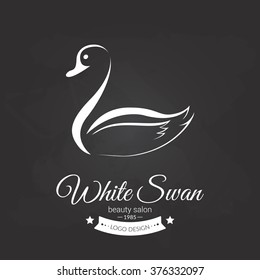 Hand drawn logo of white swan isolated on the black background