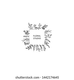 Hand Drawn Logo. Logo With Wild Flower And Leaves. Logo For Spa And Beauty Salon, Boutique, Organic Shop, Wedding, Floral Designer, Interior, Photography, Cosmetic. Floral Element