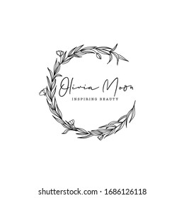  Hand Drawn Logo With Wild Flower And Leaves. Wreath Logo. Elegant Botanical Monogram For Invitation Save The Date Card. Floral Branch