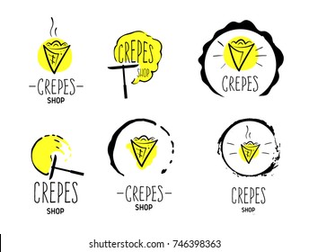 Hand drawn logos of crepes on yellow spots. Doodle vector illustration.