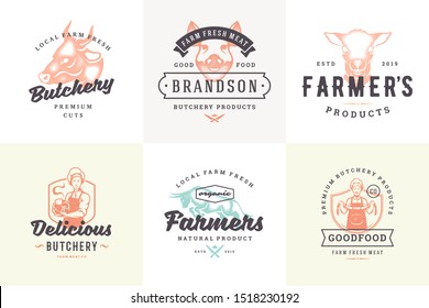 Hand drawn logos and labels farm animals with modern vintage typography hand drawn style set vector illustration. Bull, pig head and lamb silhouettes for farm market packaging and restaurant menu.