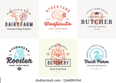 Hand drawn logos and labels farm animals with modern vintage typography hand drawn style set vector illustration. Cow, rooster and butcher silhouettes for farm market packaging and restaurant menu.