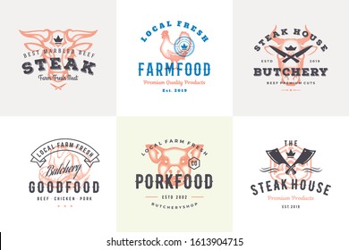 Hand drawn logos and labels farm animals with modern vintage typography hand drawn style set vector illustration. Cow, pig and bull silhouettes for farm market packaging and restaurant menu.