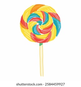 A hand drawn lollipop with colorful stripes. Ideal for candy branding, childrens party themes, and playful designs.