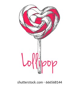 Hand drawn lollipop in the shape of heart isolated on white background. Vector illustration of a sketch style.
