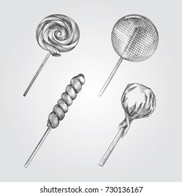 Hand Drawn Lollipop Sketches Set. Collection Of Lollipops Sketches isolated on white background