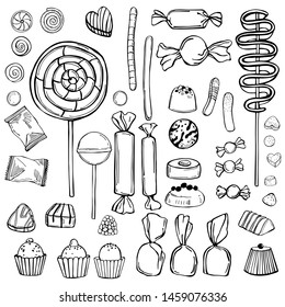 Hand drawn lollipops , candy and marmalade set. Vector sketch illustration.