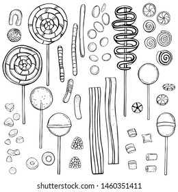 Hand drawn lollipops , candy and marmalade set. Vector sketch illustration.