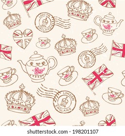 Hand drawn London England icons seamless pattern