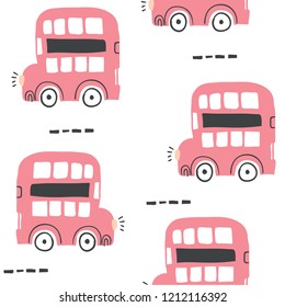 Hand drawn London red bus seamless pattern in scandinavian style isolated on white. Perfect for t-shirt print design and textile