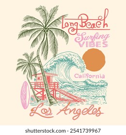 Hand Drawn Long Beach summer vibes palm beach, waves surf board. California Los Angeles summer print. women's beach graphic. tropical botanical sunset under the waves. big waves spring summer print gr