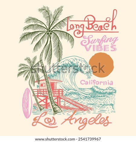 Hand Drawn Long Beach summer vibes palm beach, waves surf board. California Los Angeles summer print. women's beach graphic. tropical botanical sunset under the waves. big waves spring summer print gr