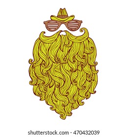 Hand drawn of long beard and mustache with curly flow. Vector illustration graffiti perfect funny doodle stylized.