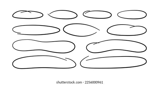 Hand drawn long circle ovals set. Ellipses of different widths. Highlight circle frames. Elipses and ovals in doodle style. Set of vector illustration isolated on white background.