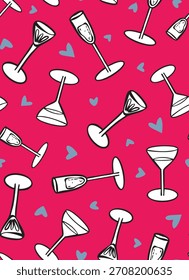 Bebidas longas desenhadas à mão com padrão de repetição sem emenda de corações. Aleatoriamente colocado, coquetéis vetoriais em cima, toda sobre superfície imprimir em fundo rosa.