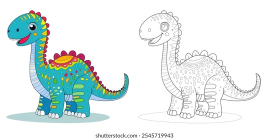 Hand drawn long necked dinosaur Apatosaurus for coloring book, vector illustrations for kids. Anti stress coloring for kids and children. Dinosaur in two versions, colored and black and white.