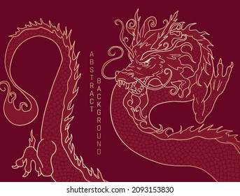 hand drawn long vector dragon in red  and gold colours