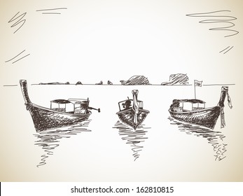 Hand drawn long-tail boat