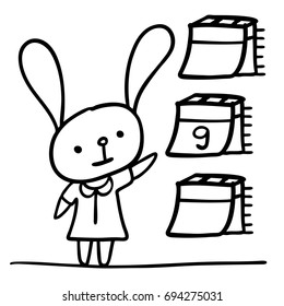 Hand drawn look cute bunny,rabbit calendar.vector cartoon