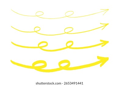 Hand Drawn Loop Arrows – Yellow Brush Style.Curly Arrows in Yellow – Sketch Hand Drawn Set