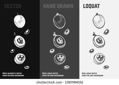 Hand drawn loquat icons set isolated on white, gray and black chalk background. Sketch of exotic fruits for packaging and menu design. Vintage vector illustrations.