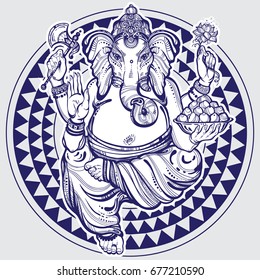 Hand drawn Lord Ganesha over tribal geometric pattern. Highly detailed beautiful vector illustration isolated. Psychedelic creative artwork. Religion, mystic, tattoo art. Print, posters, textiles.