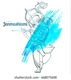 Hand Drawn Lord Krishna Poster with Watercolor Element. Happy Janmashtami Flyer Template. Indian Festival. Vector illustration