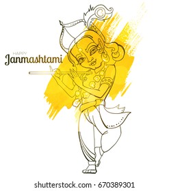 Hand Drawn Lord Krishna Poster with Watercolor Element. Happy Janmashtami Flyer Template. Indian Festival.  Vector illustration