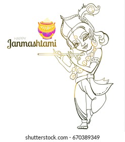 Hand Drawn Lord Krishna Poster. Happy Janmashtami Flyer Template. Indian Festival. Vector illustration
