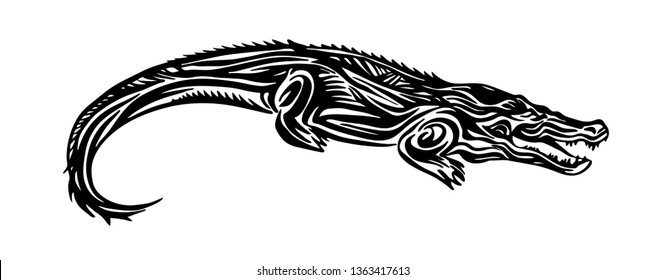 Hand drawn lotus crocodile outline sketch. Vector black ink drawing isolated on white background. Graphic illustration.