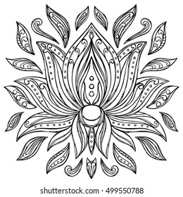 Hand drawn Lotus with decorative elements. Floral symbol for amulets, textile prints, tattoos, coloring page