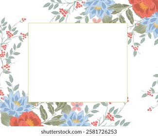 Hand Drawn Lotus Flower and Berry Border 