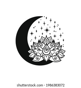 Hand drawn lotus flower and half moon. Mystic spiritual design. Celestial vector illustration isolated on white background. Esoteric tattoo in boho style. Sacred geometry clipart.