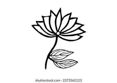 Hand drawn lotus flower with leaves line art isolated on white background - vector illustration