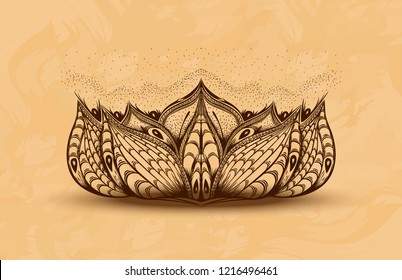 Hand drawn lotus flower on the papyrus paper. Henna design. Vintage print for t shirt and tattoo art,coloring book, meditation. Mehndi tattoo. Buddhist symbol. Nature pattern. Boho chic. Line art.