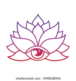 Hand drawn lotus flower tattoo design with third eye. Graphic mandala pattern in linear style. Boho outline vector illustration isolated on white background. Doodle mystic indian symbol.