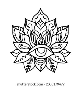 Hand drawn lotus flower tattoo design with third eye. Graphic mandala pattern in linear style. Boho outline vector illustration isolated on white background. Doodle mystic indian symbol.