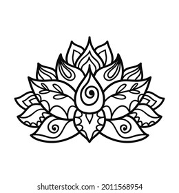 Hand drawn lotus flower tattoo design. Graphic mandala pattern in linear style. Boho outline vector illustration isolated on white background. Doodle mystic indian symbol.