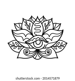 Hand drawn lotus flower tattoo design with third eye. Graphic mandala pattern in linear style. Boho outline vector illustration isolated on white background. Doodle mystic indian symbol.