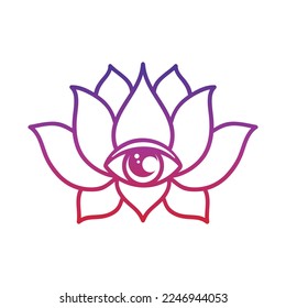 Hand drawn lotus flower tattoo design with third eye. Graphic mandala pattern in linear style. Boho outline vector illustration isolated on white background. Doodle mystic indian symbol.