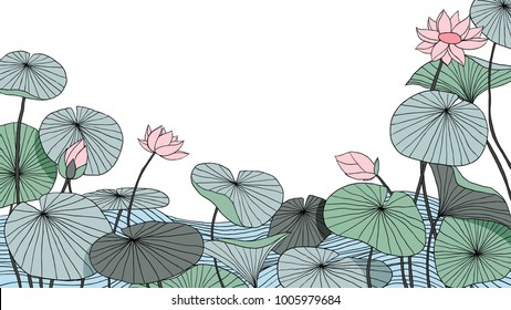 Hand drawn lotus flowers with leaves on water background