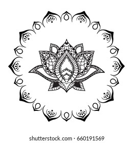 Hand drawn Lotus with mandala frame. Oriental ornaments for greeting card, invitation, yoga poster, coloring book.