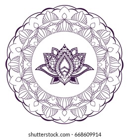 Hand drawn Lotus with mandala. Oriental ornaments for greeting card, invitation, yoga poster, coloring book. Round frame.