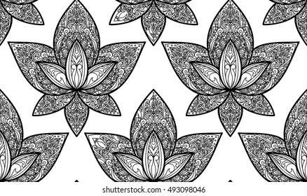 Hand drawn Lotus seamless pattern. Floral wallpaper for textile prints, coloring page, wrapping, backgrounds