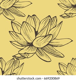 Hand drawn lotus seamless pattern in a sketch style. Floral collection.