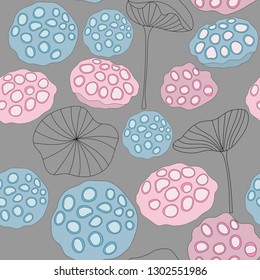 hand drawn lotus seed pod and leaf in abstract seamless pattern