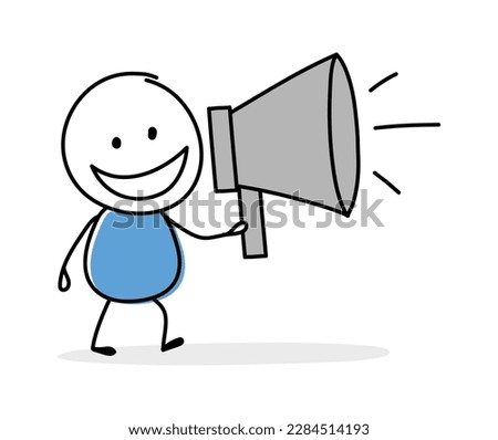 Hand drawn loudspeaker icon. Funny concept with a stickman screaming through a speaker. Cartoon style design. Vector illustration